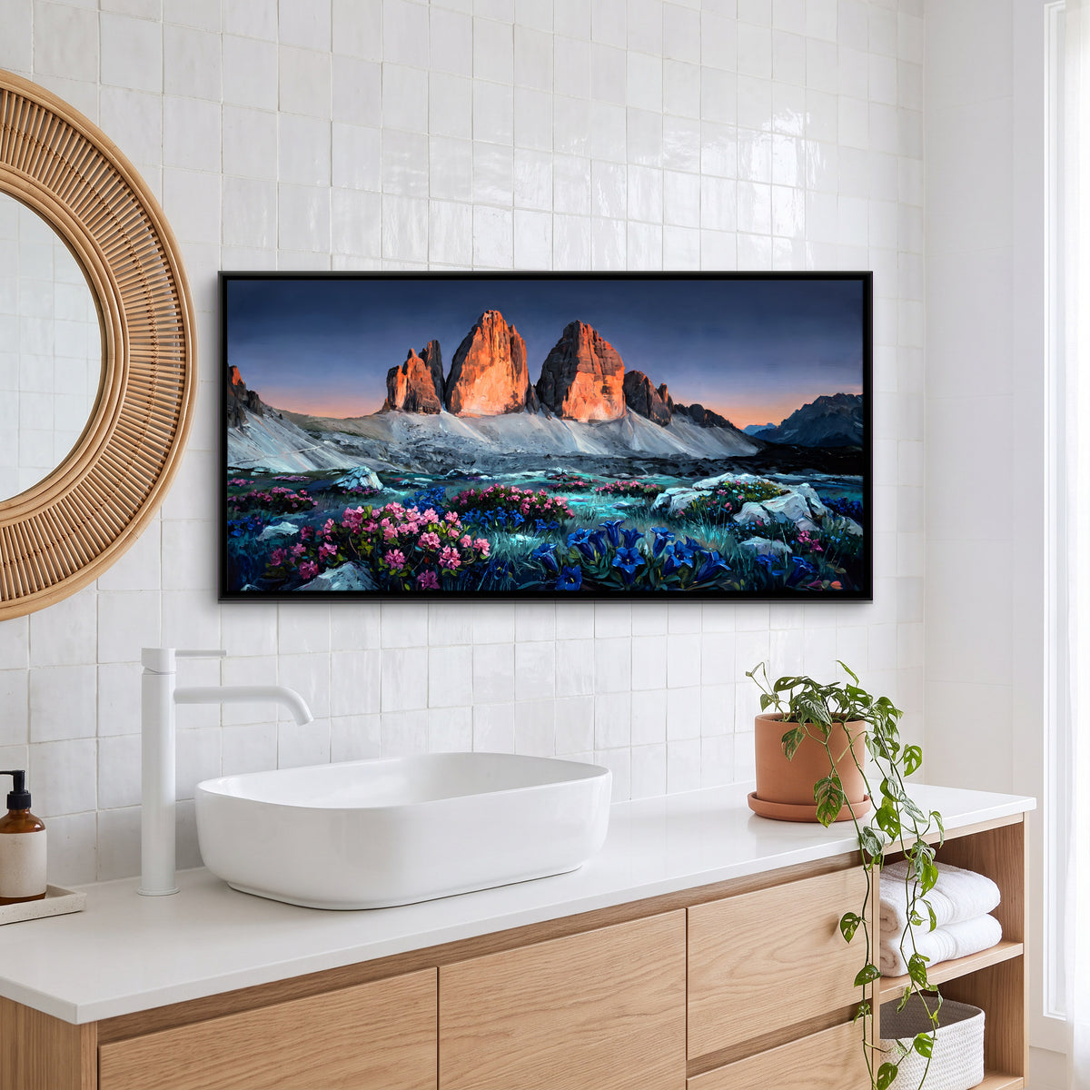 Alpine Wildflowers Below Rock Peaks - canvas art shown in a second room setting