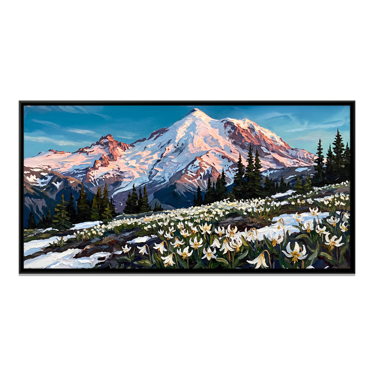 Avalanche Lilies Below a Snow Peak - framed canvas print, front view
