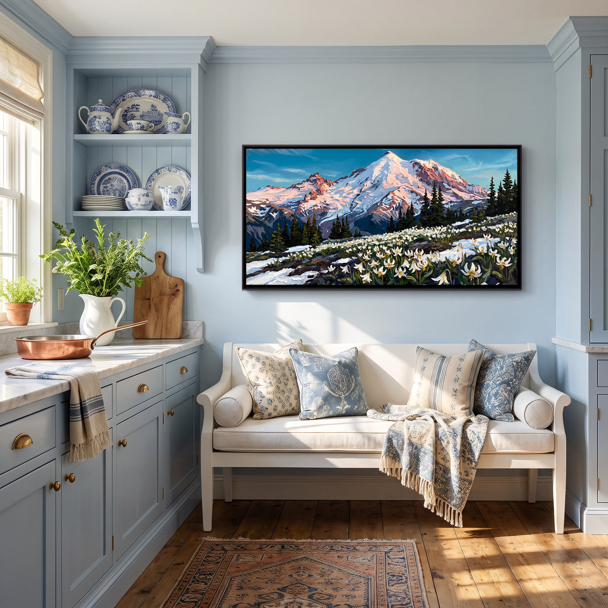 Avalanche Lilies Below a Snow Peak - canvas art shown in a styled room