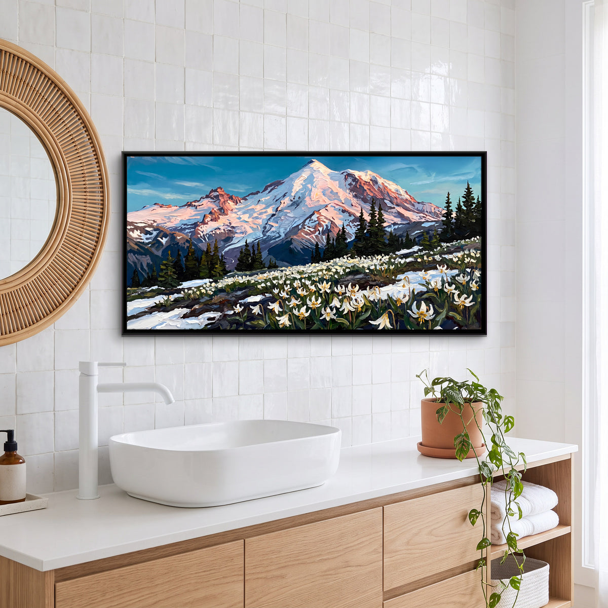 Avalanche Lilies Below a Snow Peak - canvas art shown in a second room setting