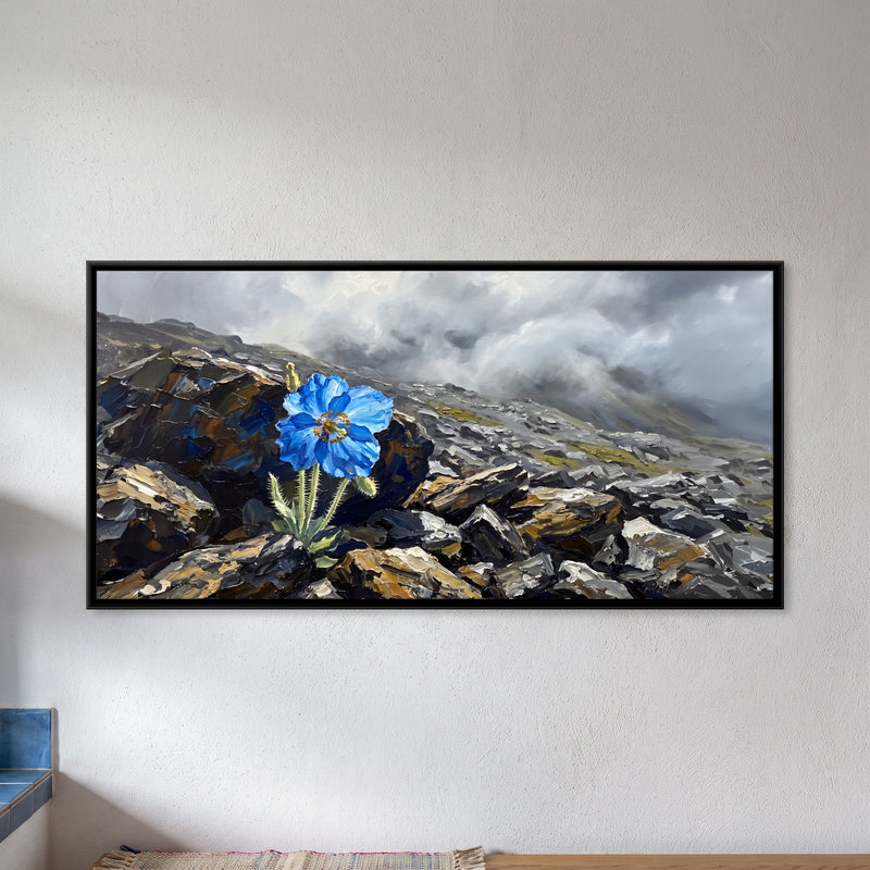 Blue Poppy on a Rocky Slope - framed canvas art hung on a wall