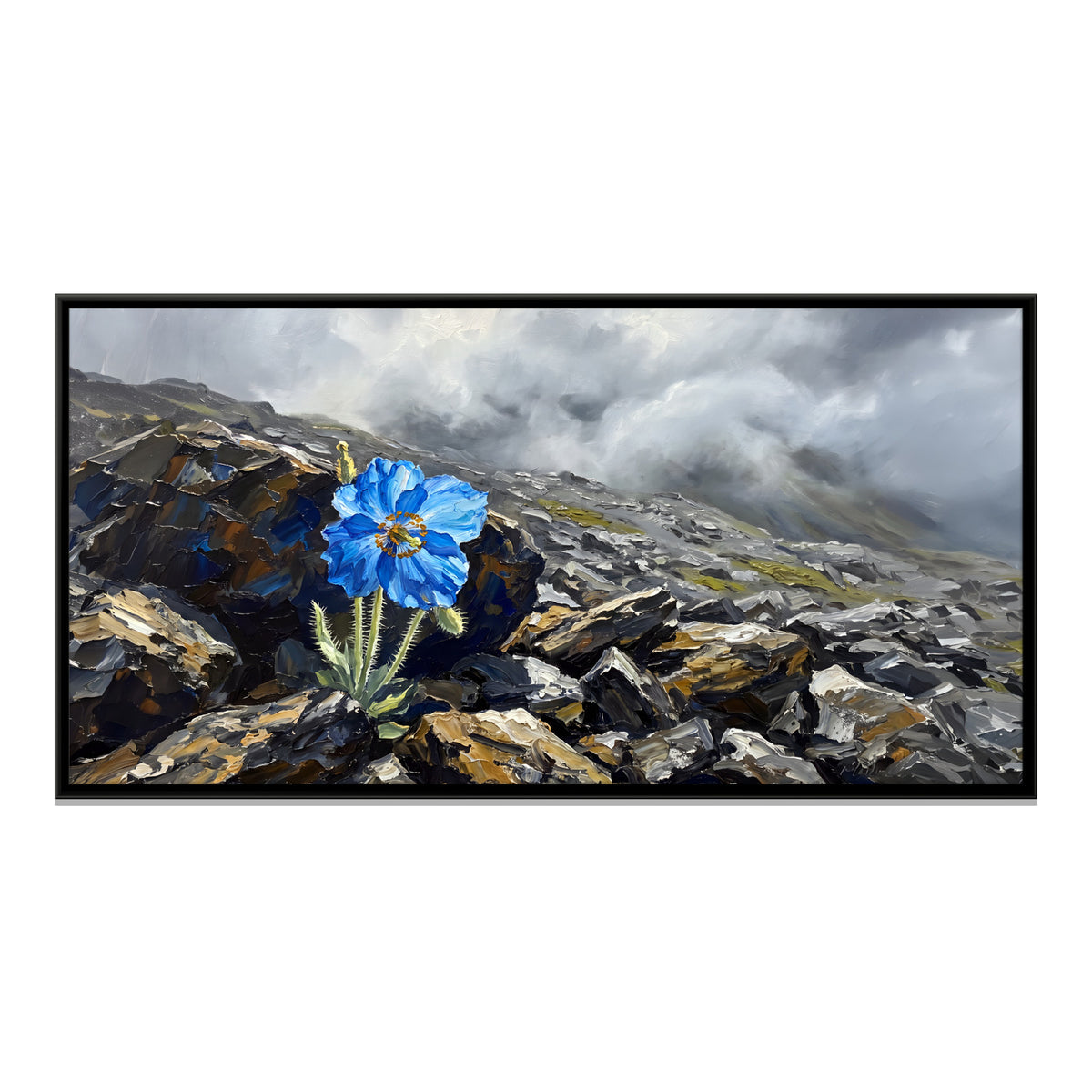 Blue Poppy on a Rocky Slope - framed canvas print, front view