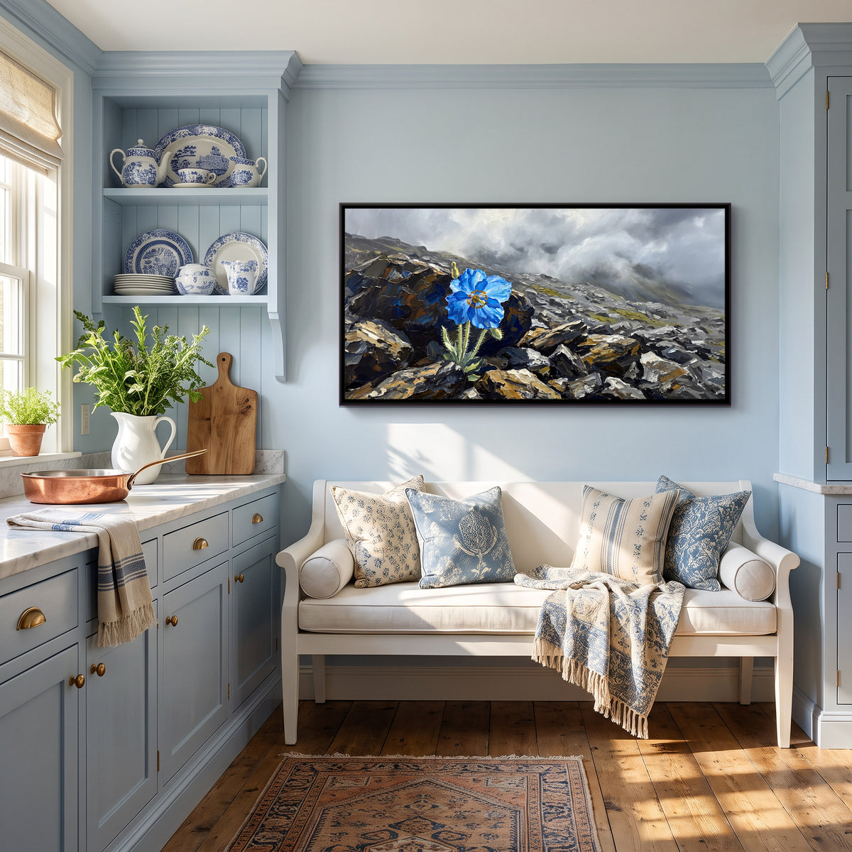 Blue Poppy on a Rocky Slope - canvas art shown in a styled room