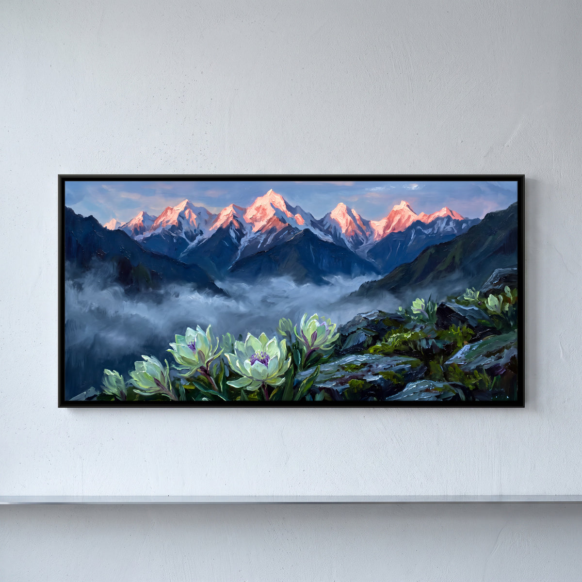 Brahma Kamal Above the Clouds - framed canvas art hung on a wall
