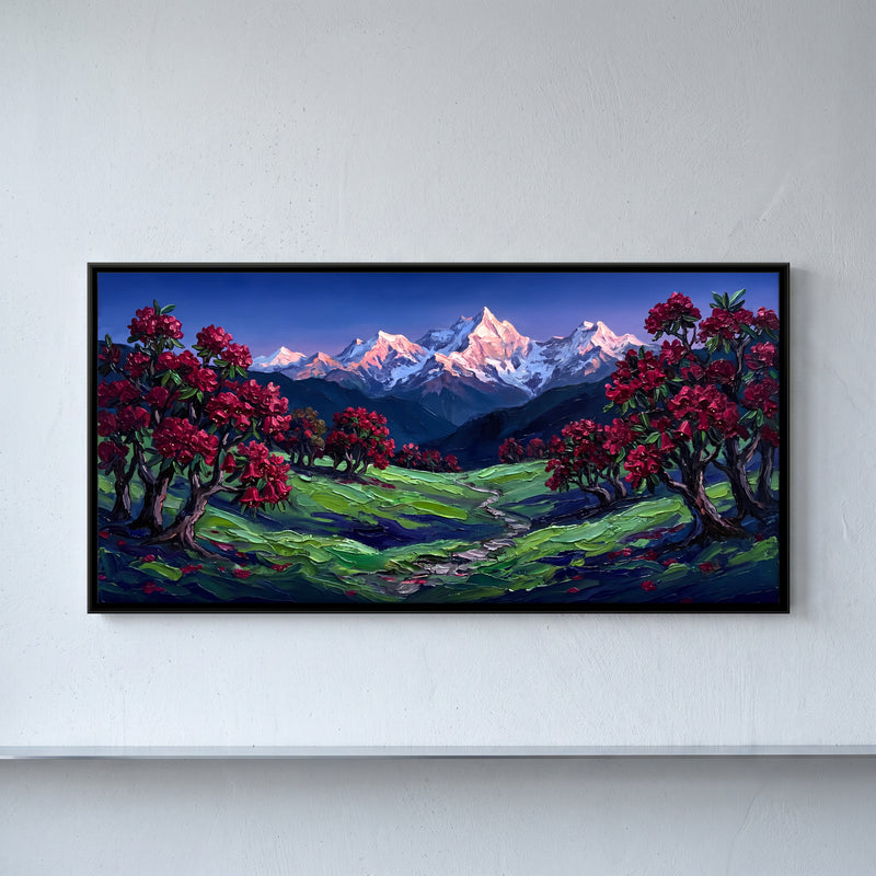 Rhododendrons on a Mountain Meadow - framed canvas art hung on a wall