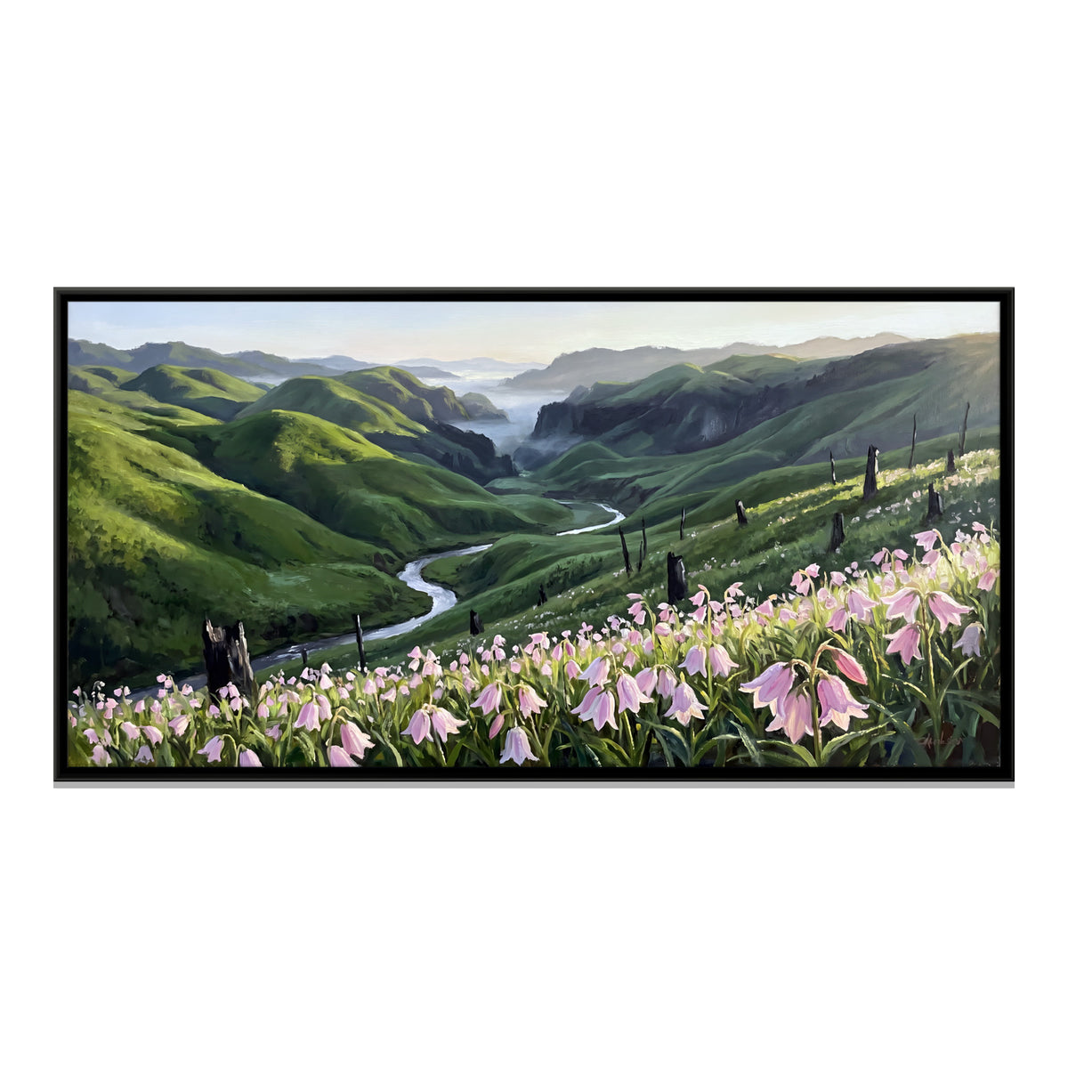 Wild Lilies Above a Green Valley - framed canvas print, front view
