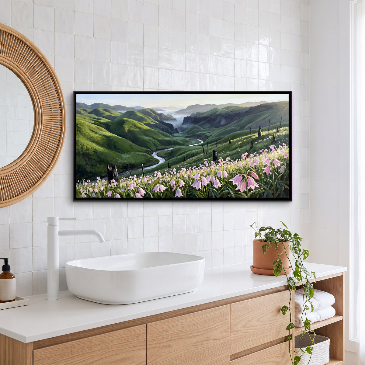 Wild Lilies Above a Green Valley - canvas art shown in a styled room