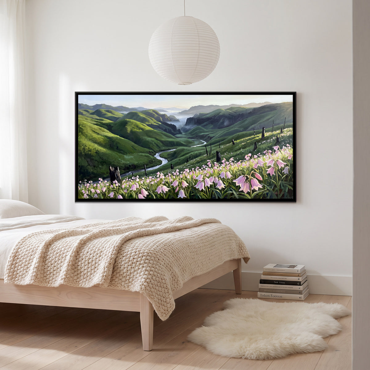 Wild Lilies Above a Green Valley - canvas art shown in a second room setting