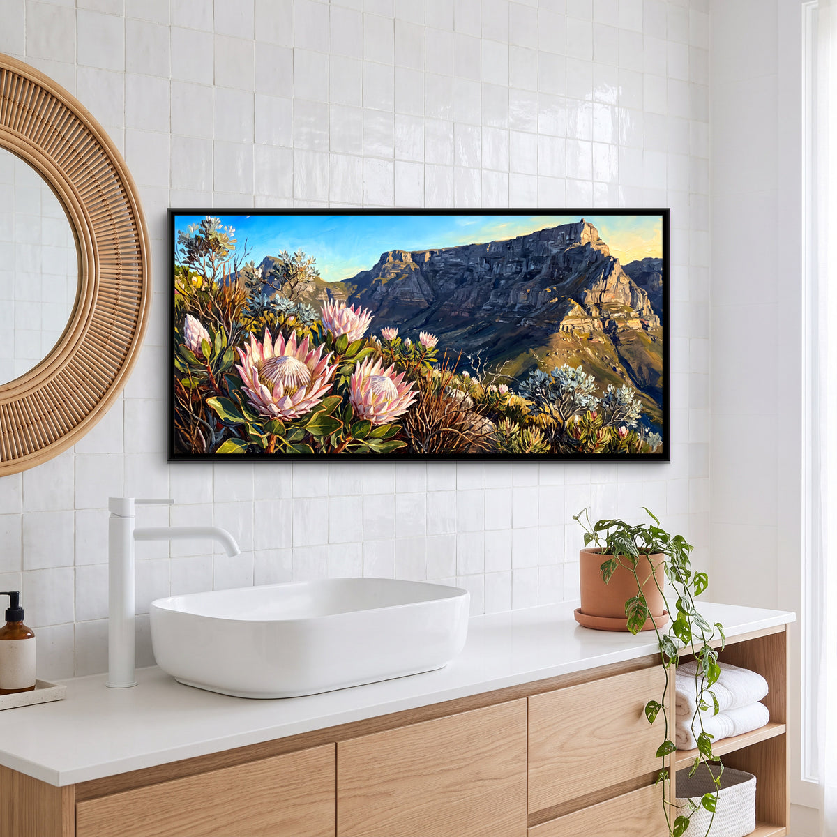 King Proteas Below Table Mountain - canvas art shown in a styled room