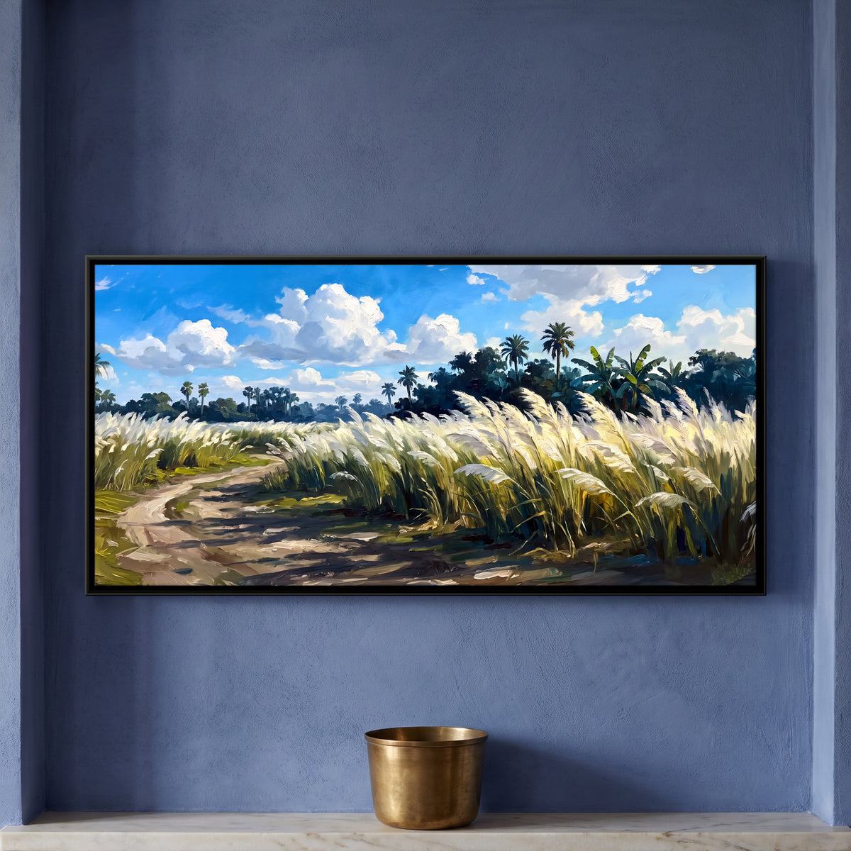 Path Through Kaash Grass - framed canvas art hung on a wall
