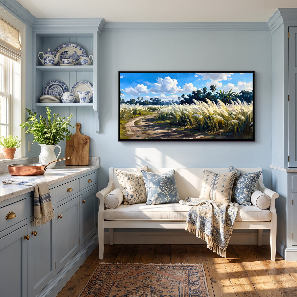Path Through Kaash Grass - canvas art shown in a styled room