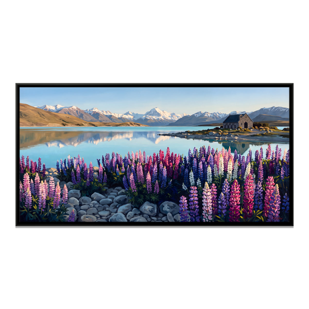 Lupins by a Mountain Lake - framed canvas print, front view