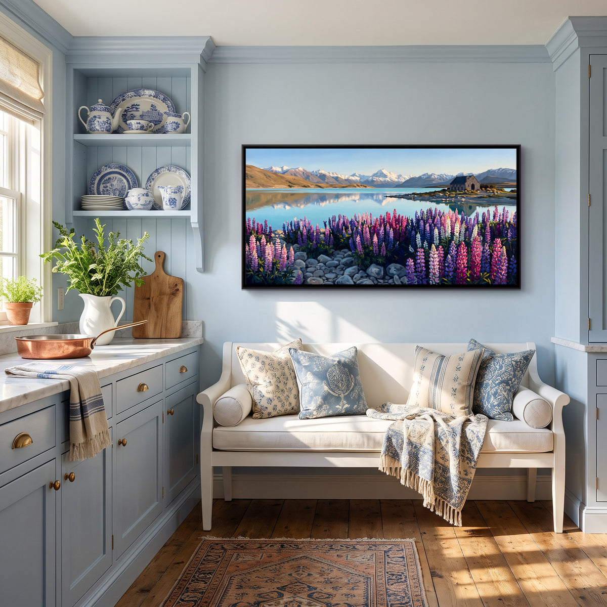 Lupins by a Mountain Lake - canvas art shown in a styled room