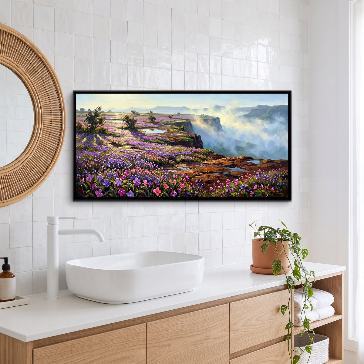 Wildflowers Above a Misty Gorge - canvas art shown in a styled room