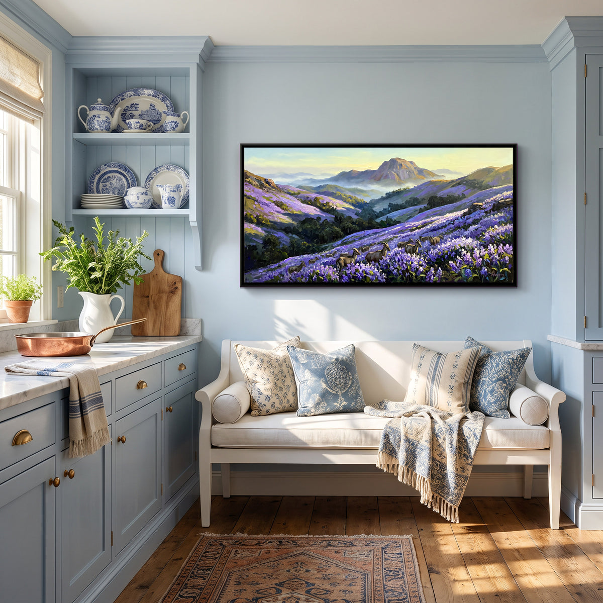 Neelakurinji Hills in Bloom - canvas art shown in a styled room