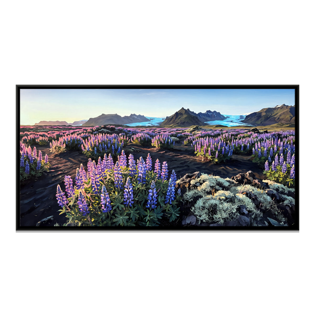 Lupins by a Glacial River - framed canvas print, front view