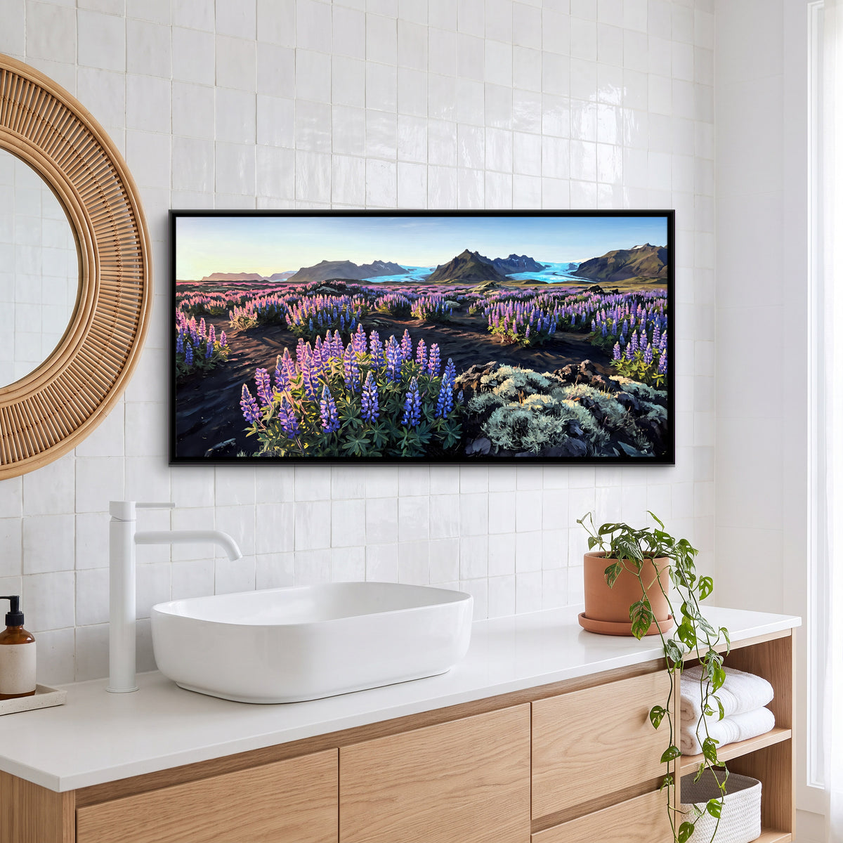 Lupins by a Glacial River - canvas art shown in a styled room