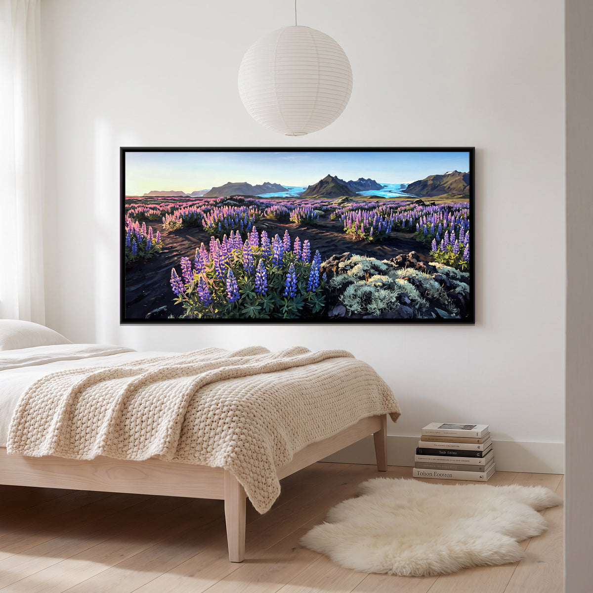 Lupins by a Glacial River - canvas art shown in a second room setting