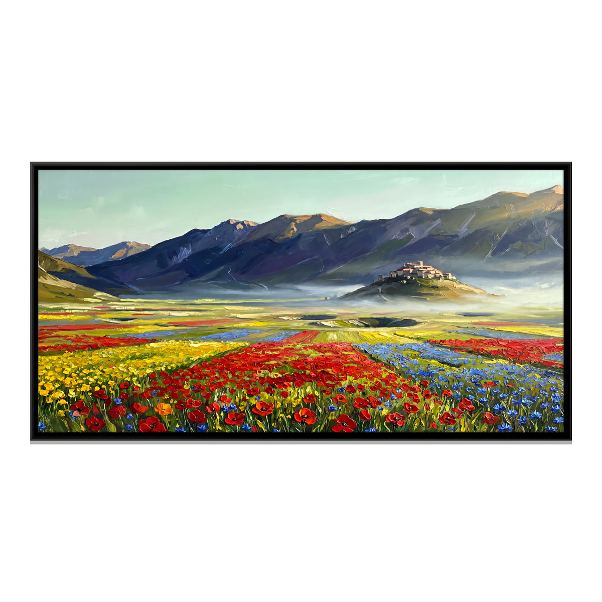 Flower Fields Below a Hilltop Village - framed canvas print, front view