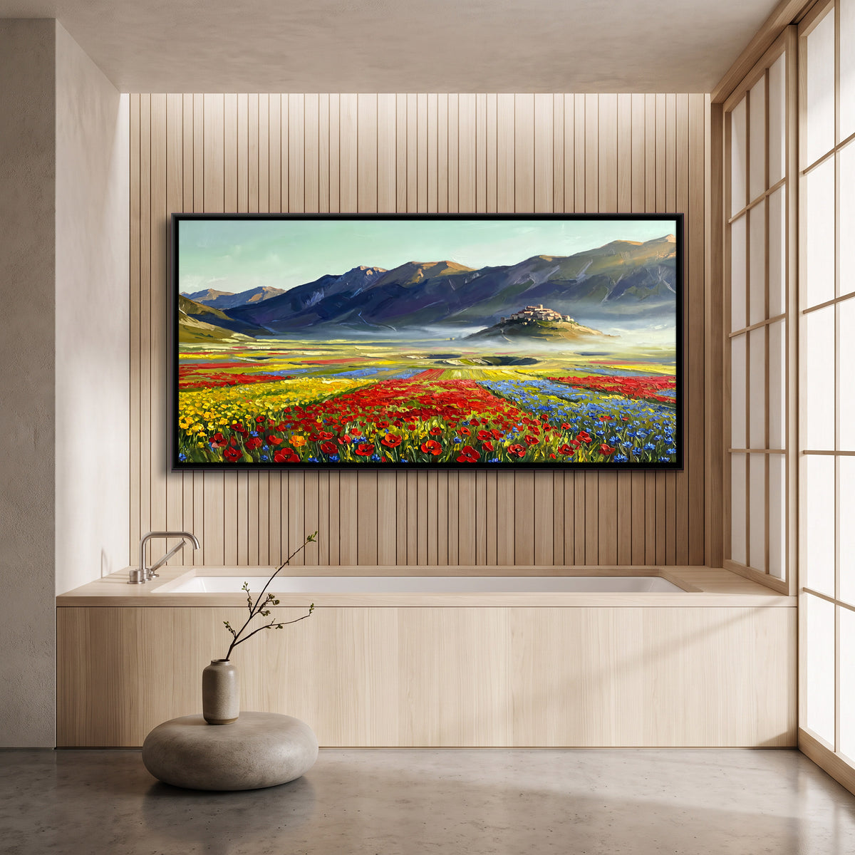 Flower Fields Below a Hilltop Village - canvas art shown in a second room setting