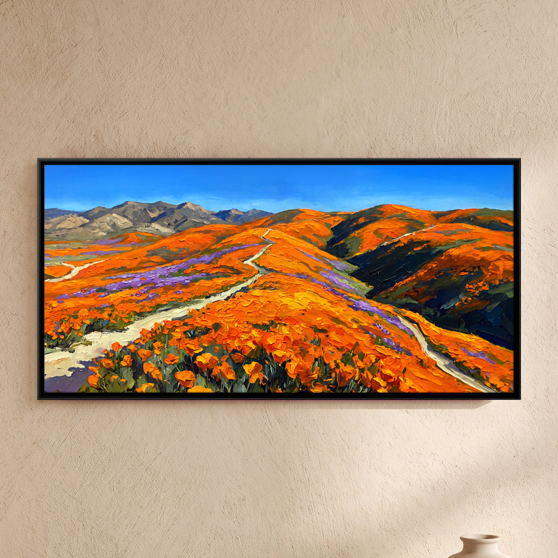Orange Poppies Across the Hills - framed canvas art hung on a wall