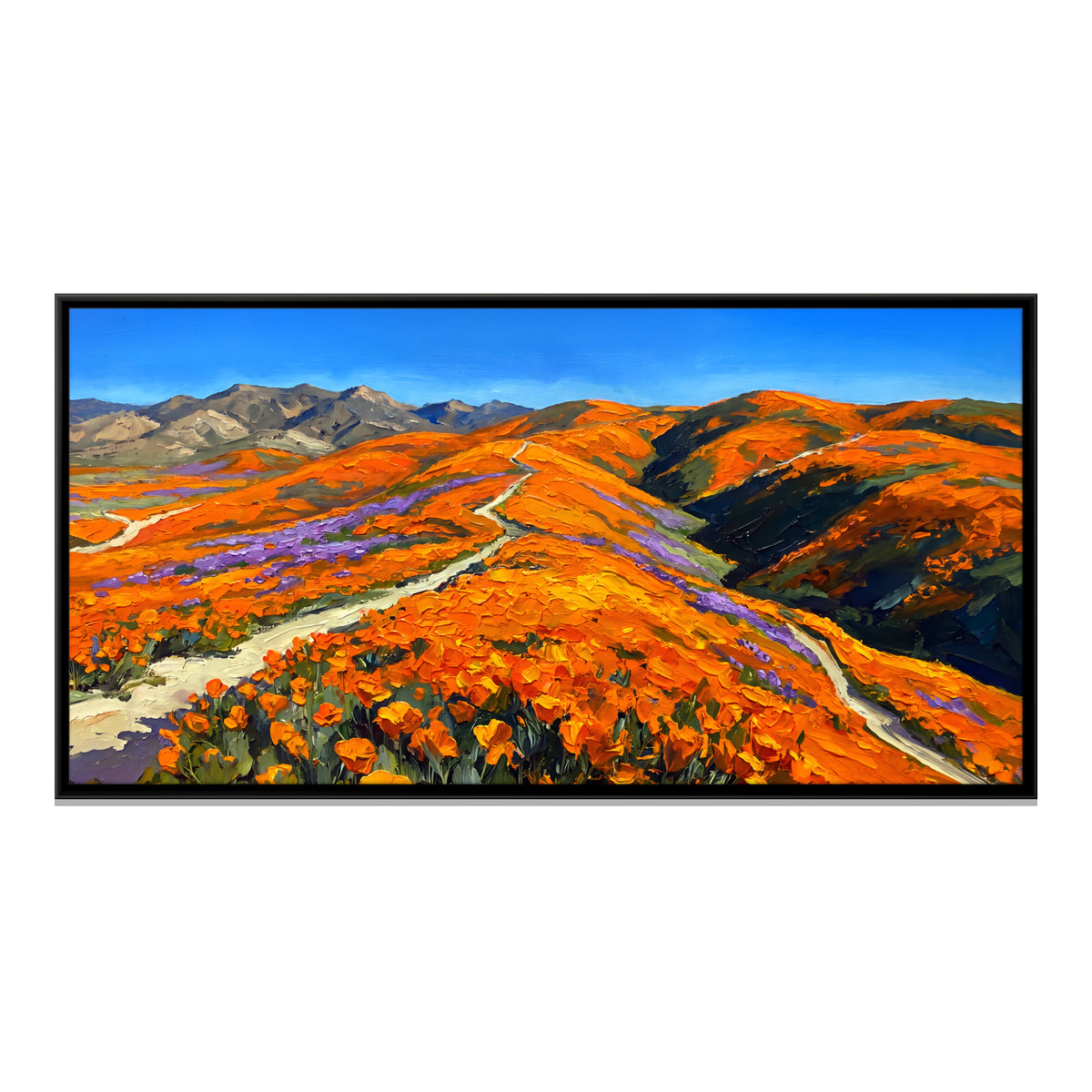 Orange Poppies Across the Hills - framed canvas print, front view