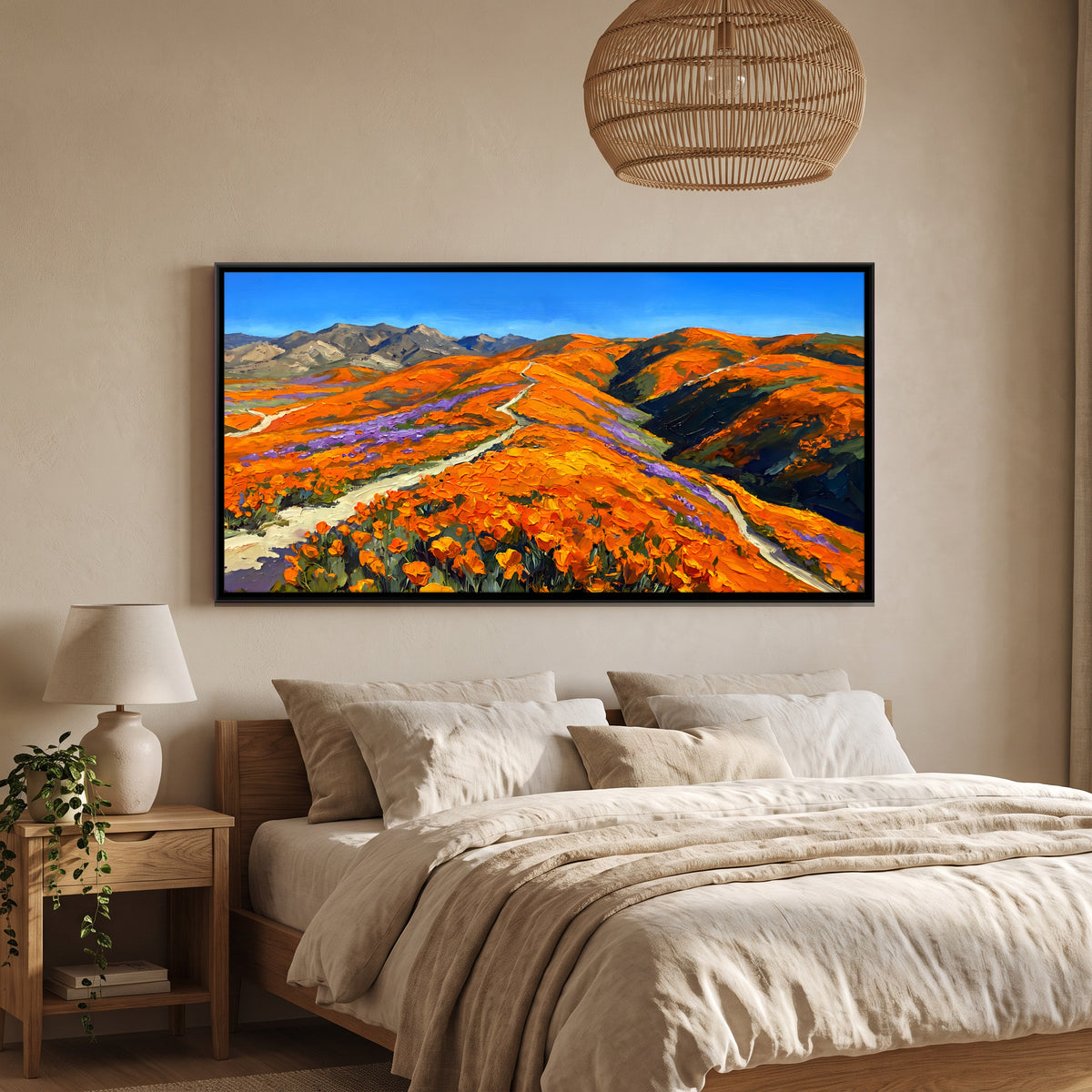 Orange Poppies Across the Hills - canvas art shown in a second room setting