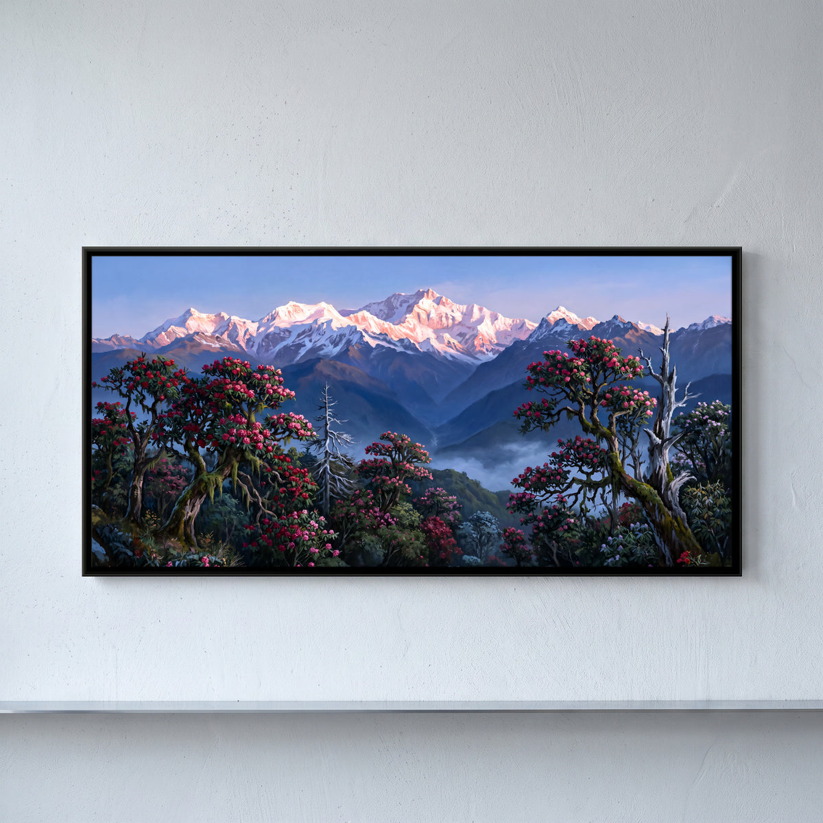 Rhododendrons Before the Snow Peaks - framed canvas art hung on a wall