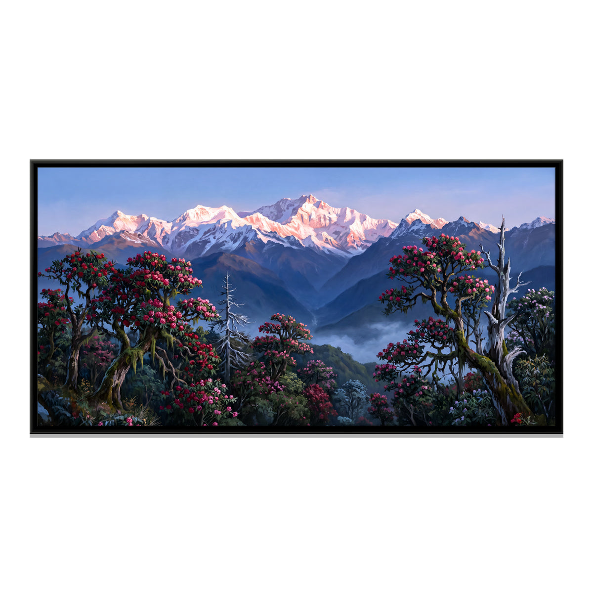Rhododendrons Before the Snow Peaks - framed canvas print, front view