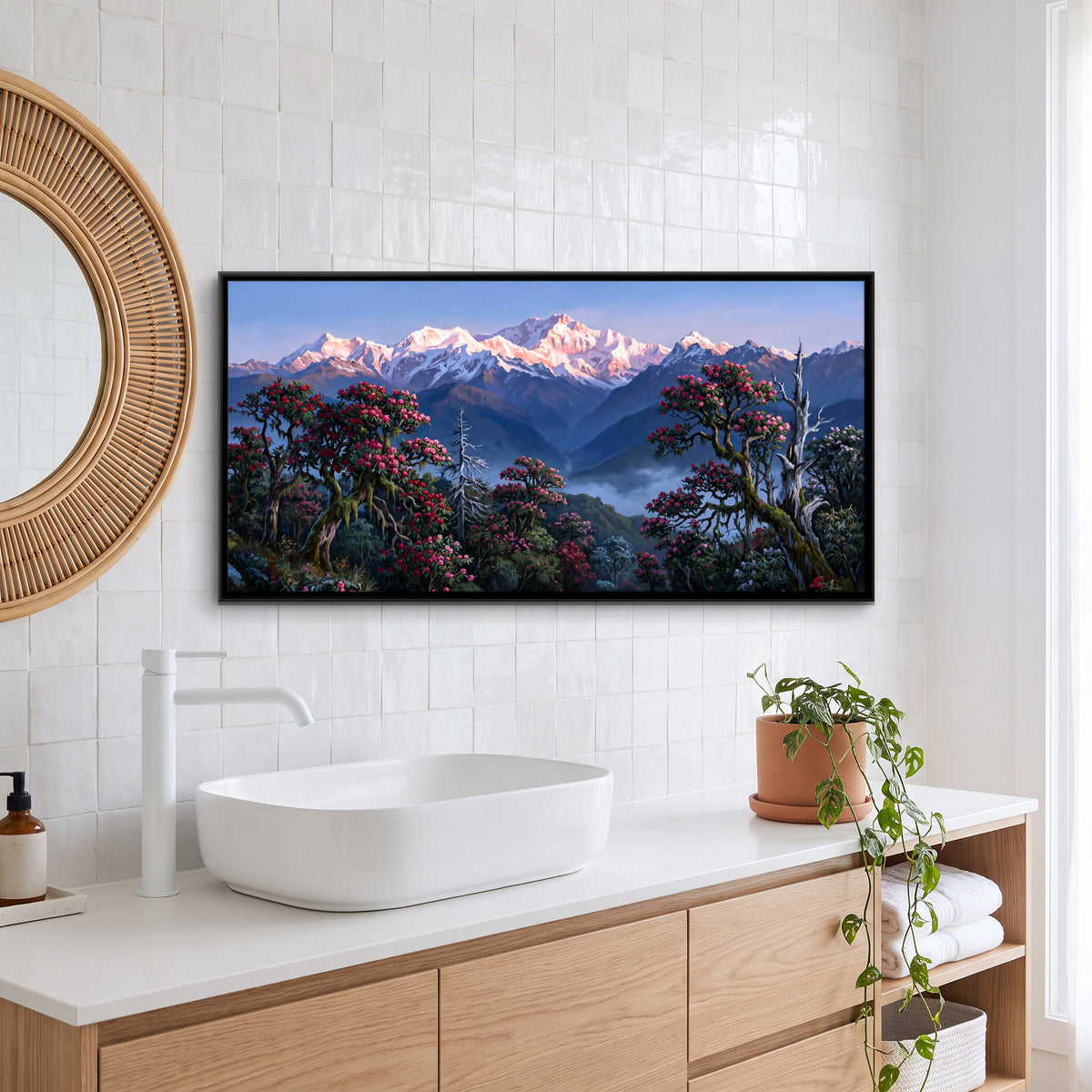 Rhododendrons Before the Snow Peaks - canvas art shown in a styled room