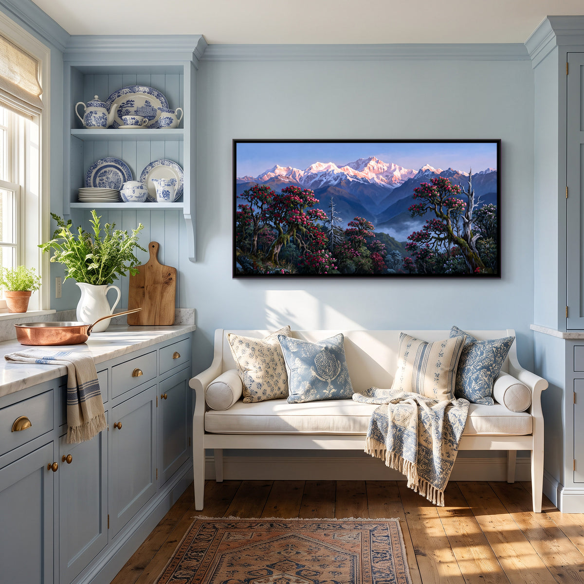 Rhododendrons Before the Snow Peaks - canvas art shown in a second room setting