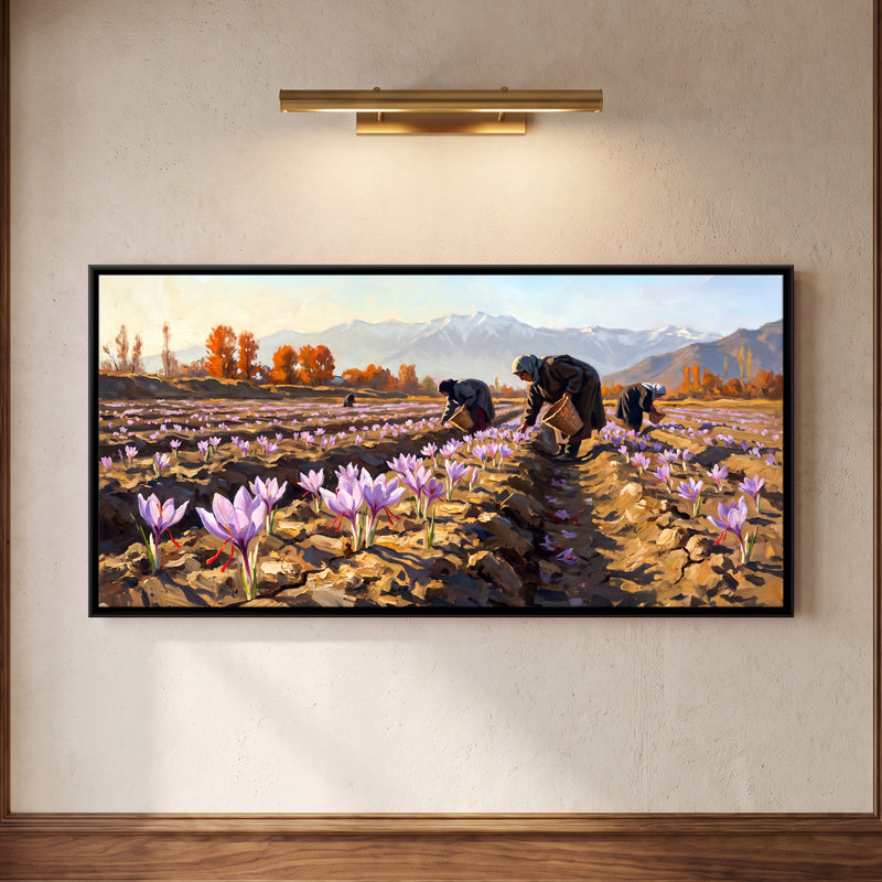 Harvesting the Saffron Fields - framed canvas art hung on a wall