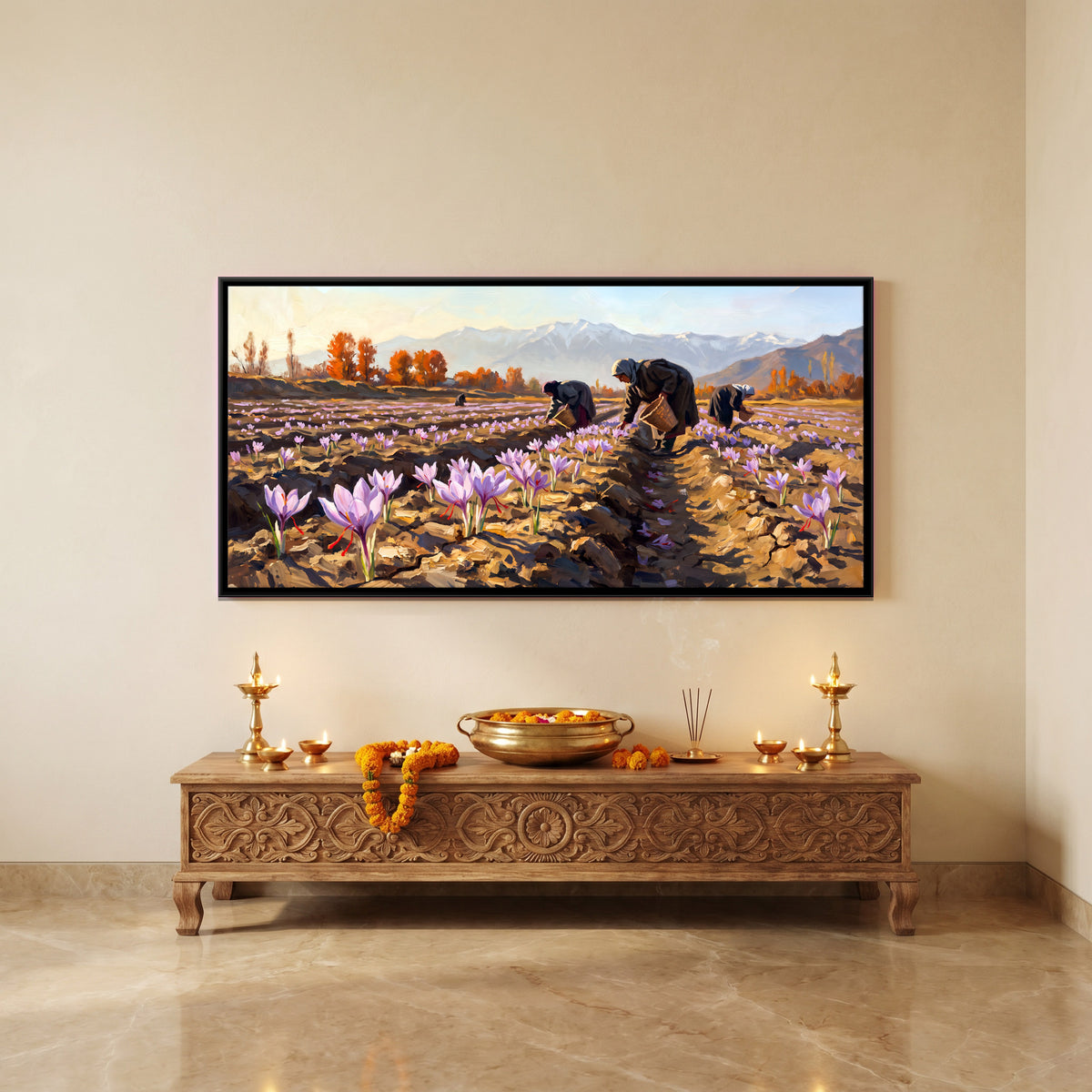Harvesting the Saffron Fields - canvas art shown in a styled room