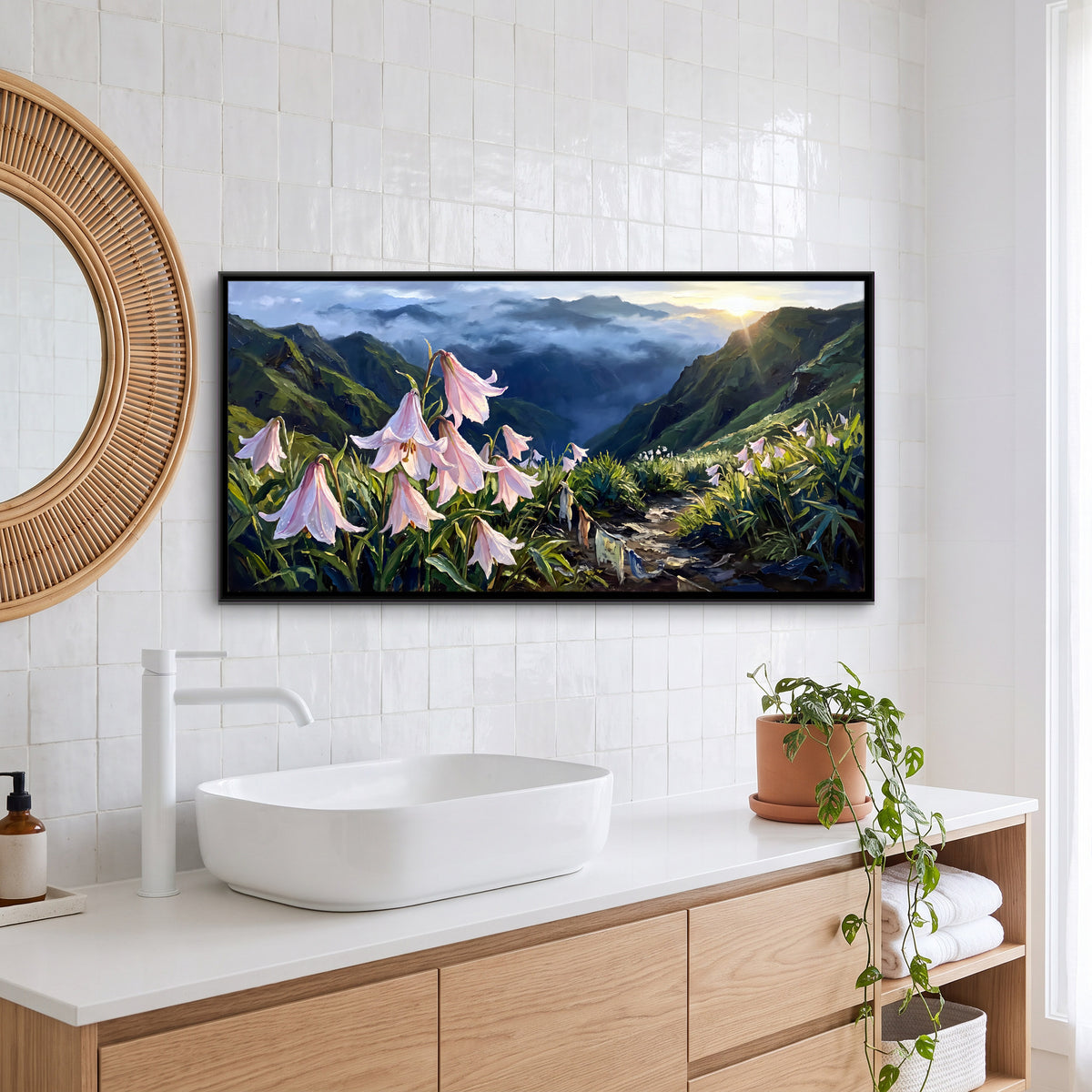 Mountain Lilies at Sunrise - canvas art shown in a styled room