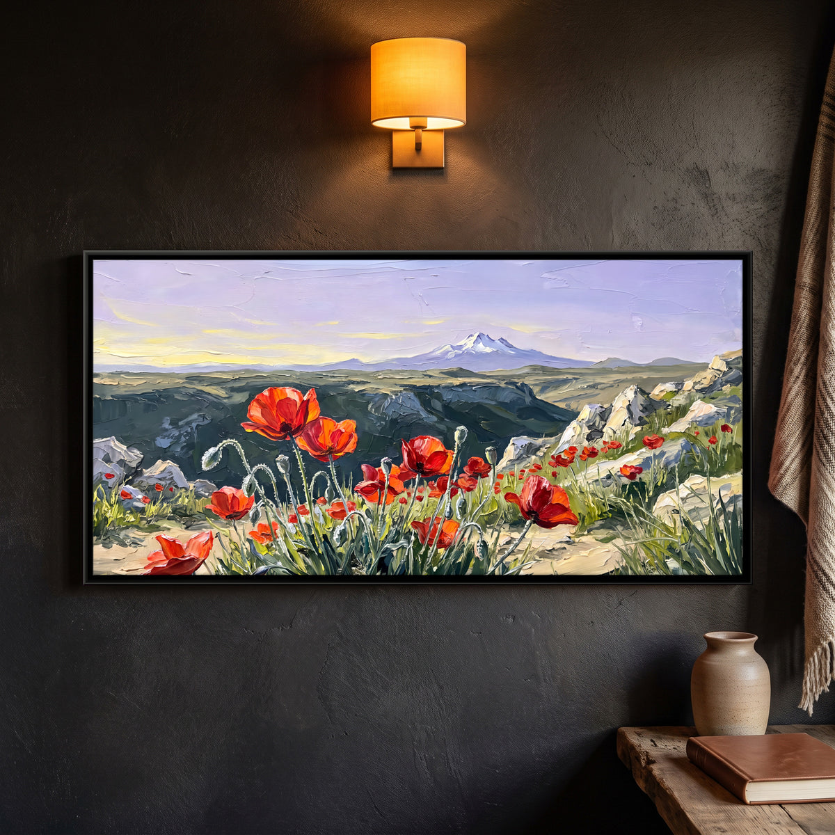 Red Poppies Below a Snow Peak - framed canvas art hung on a wall