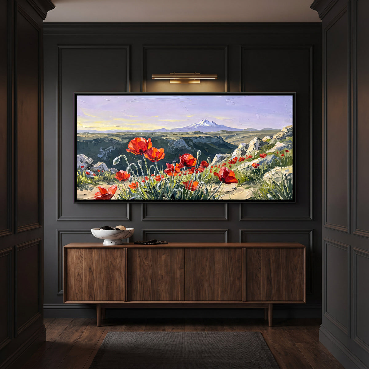 Red Poppies Below a Snow Peak - canvas art shown in a styled room