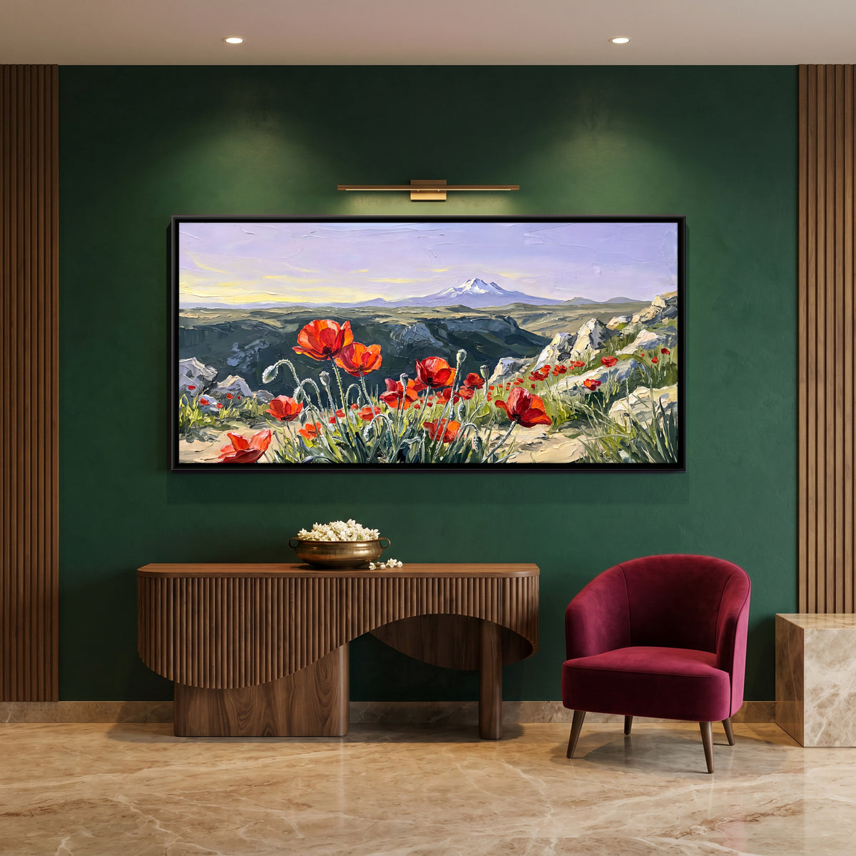 Red Poppies Below a Snow Peak - canvas art shown in a second room setting