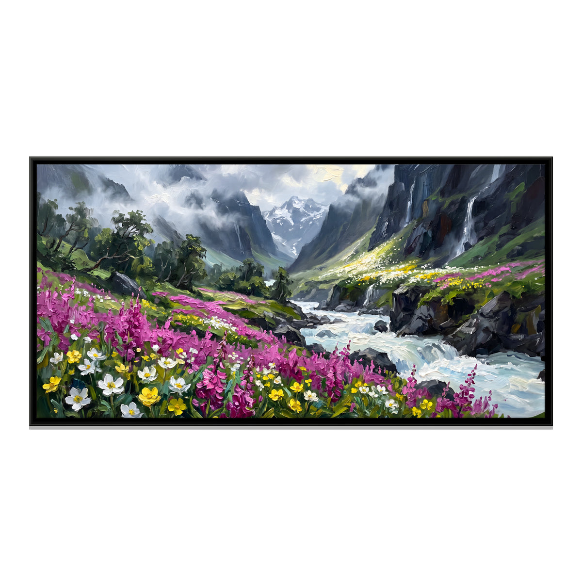 Wildflowers Along a Mountain Stream - framed canvas print, front view