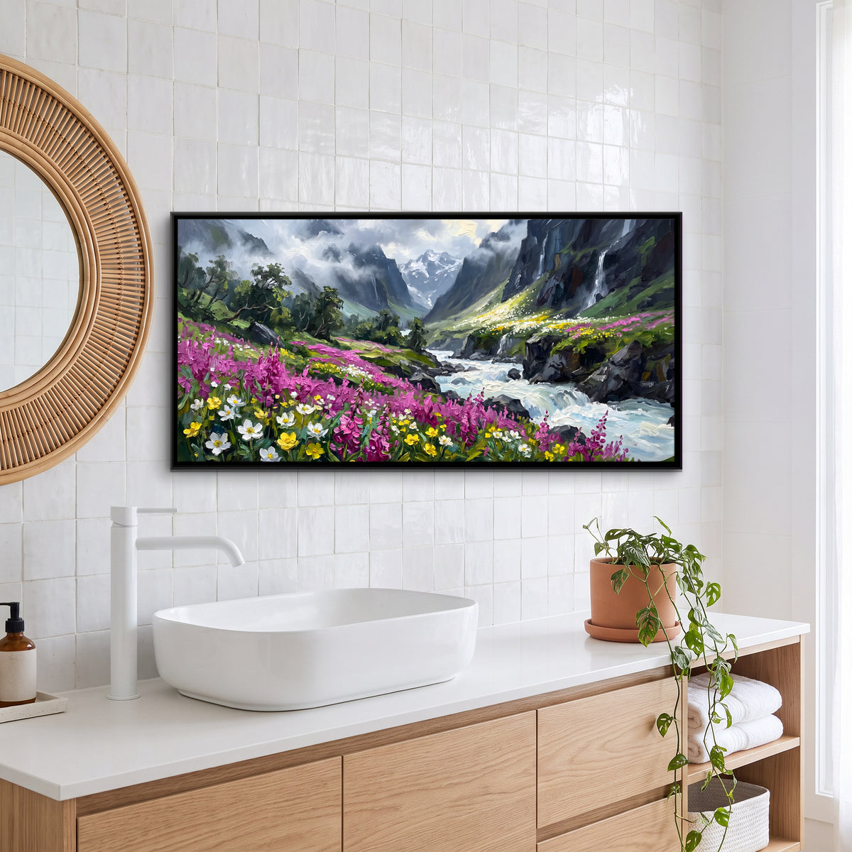 Wildflowers Along a Mountain Stream - canvas art shown in a styled room