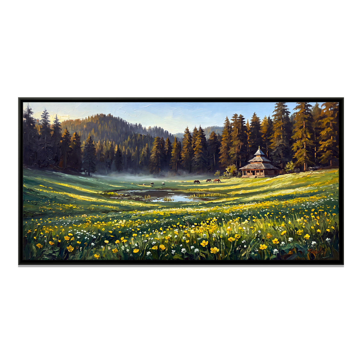 Wooden Temple in a Wildflower Meadow - framed canvas print, front view