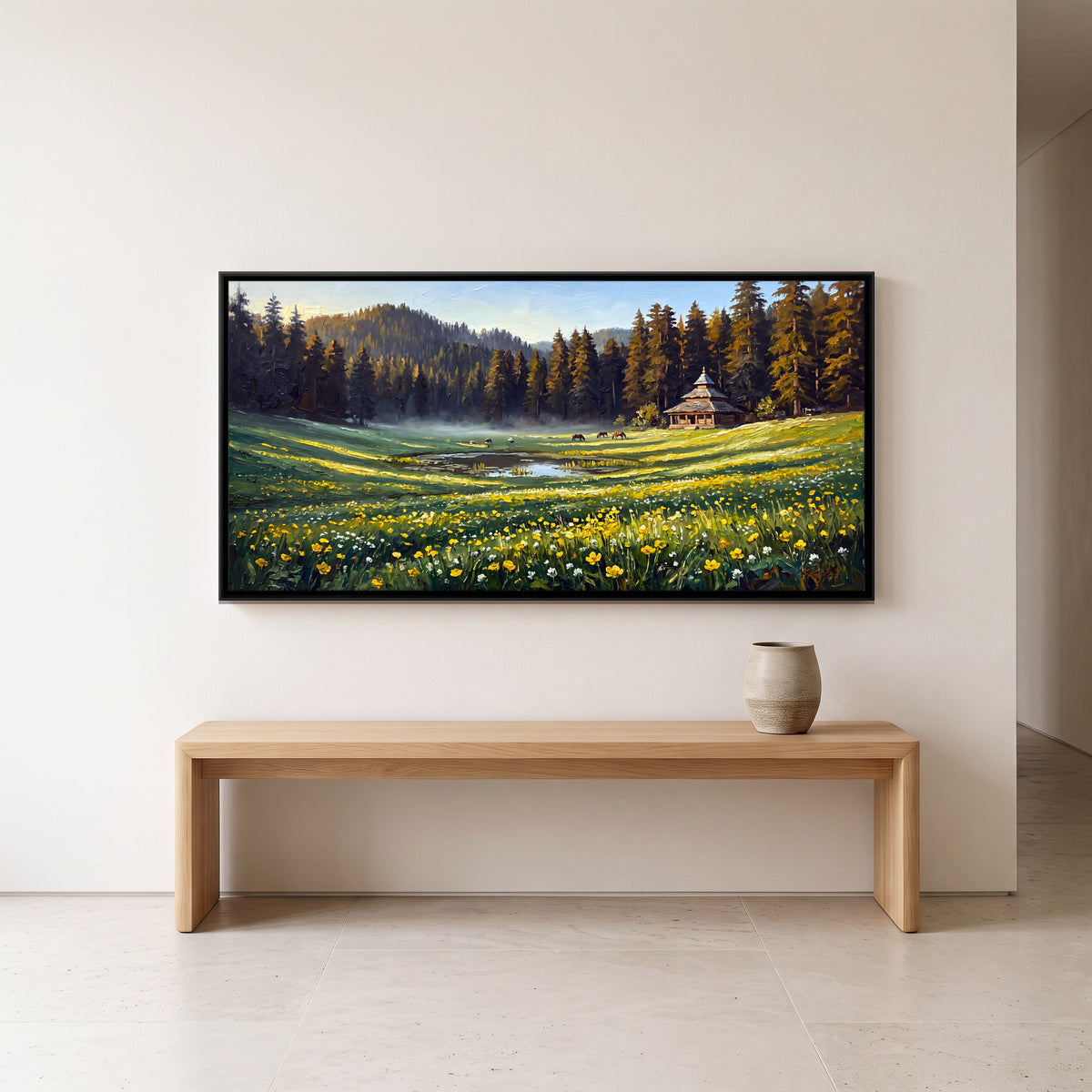 Wooden Temple in a Wildflower Meadow - canvas art shown in a styled room