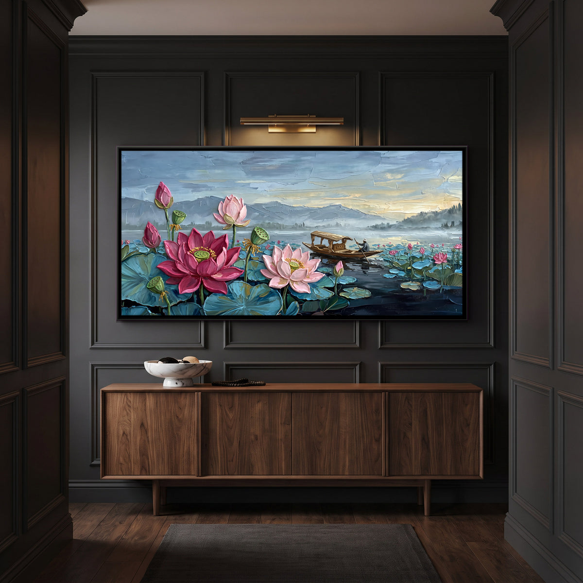 Lotuses on Dal Lake - canvas art shown in a second room setting