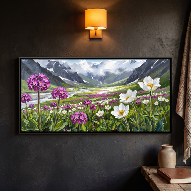 Primulas and Anemones in a Valley - framed canvas art hung on a wall