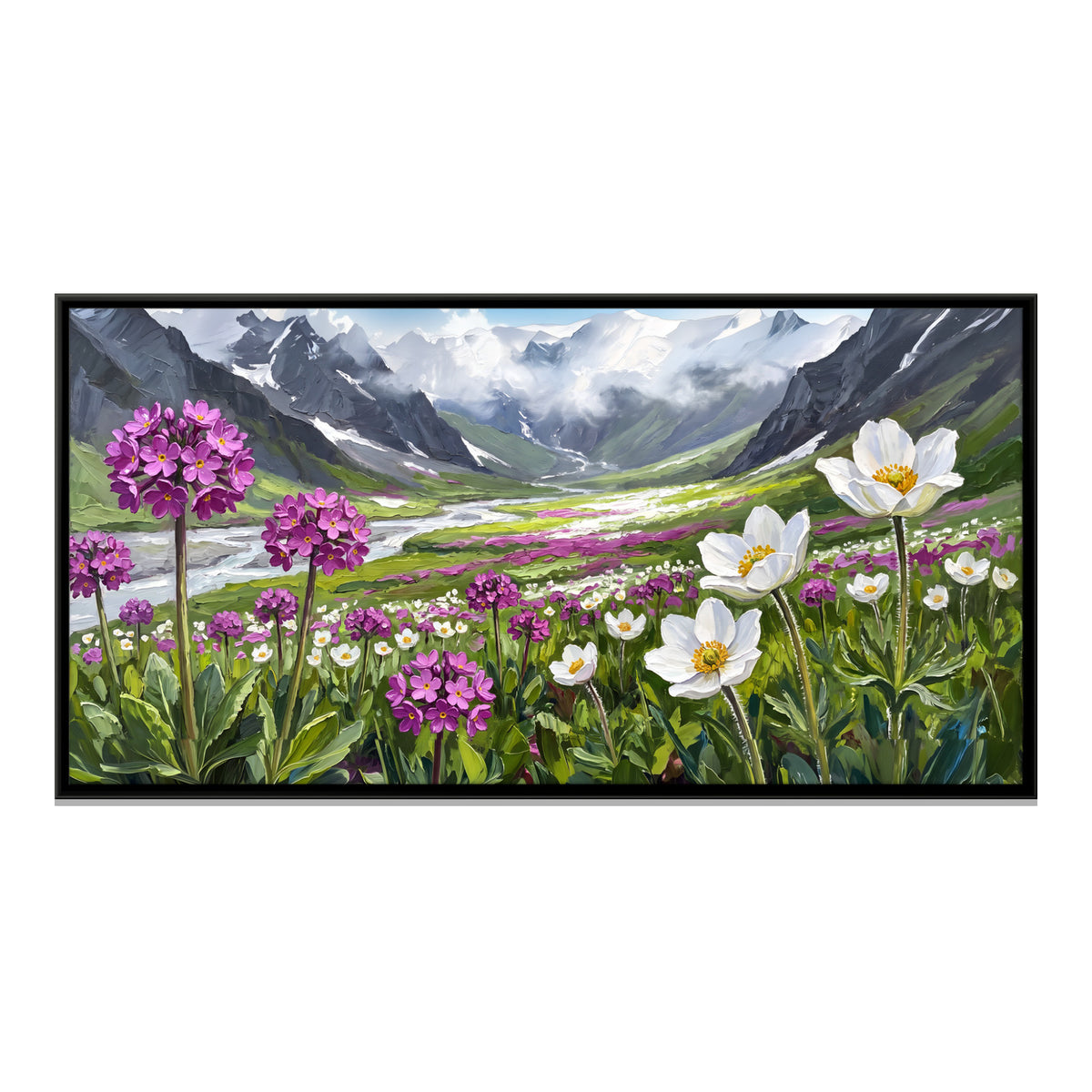 Primulas and Anemones in a Valley - framed canvas print, front view