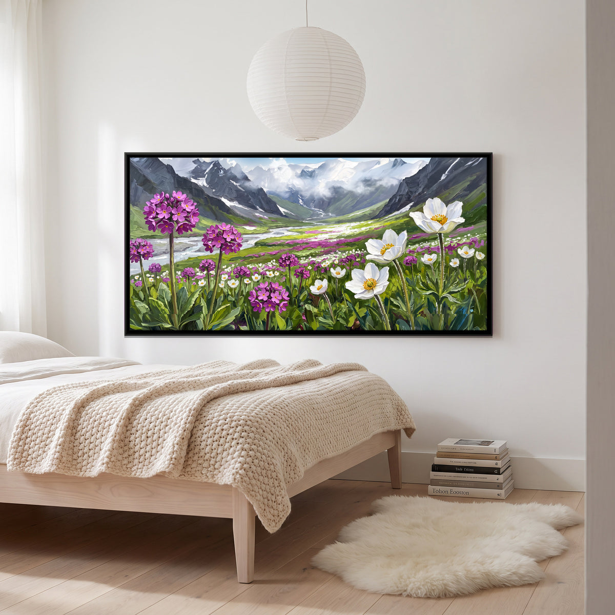 Primulas and Anemones in a Valley - canvas art shown in a styled room
