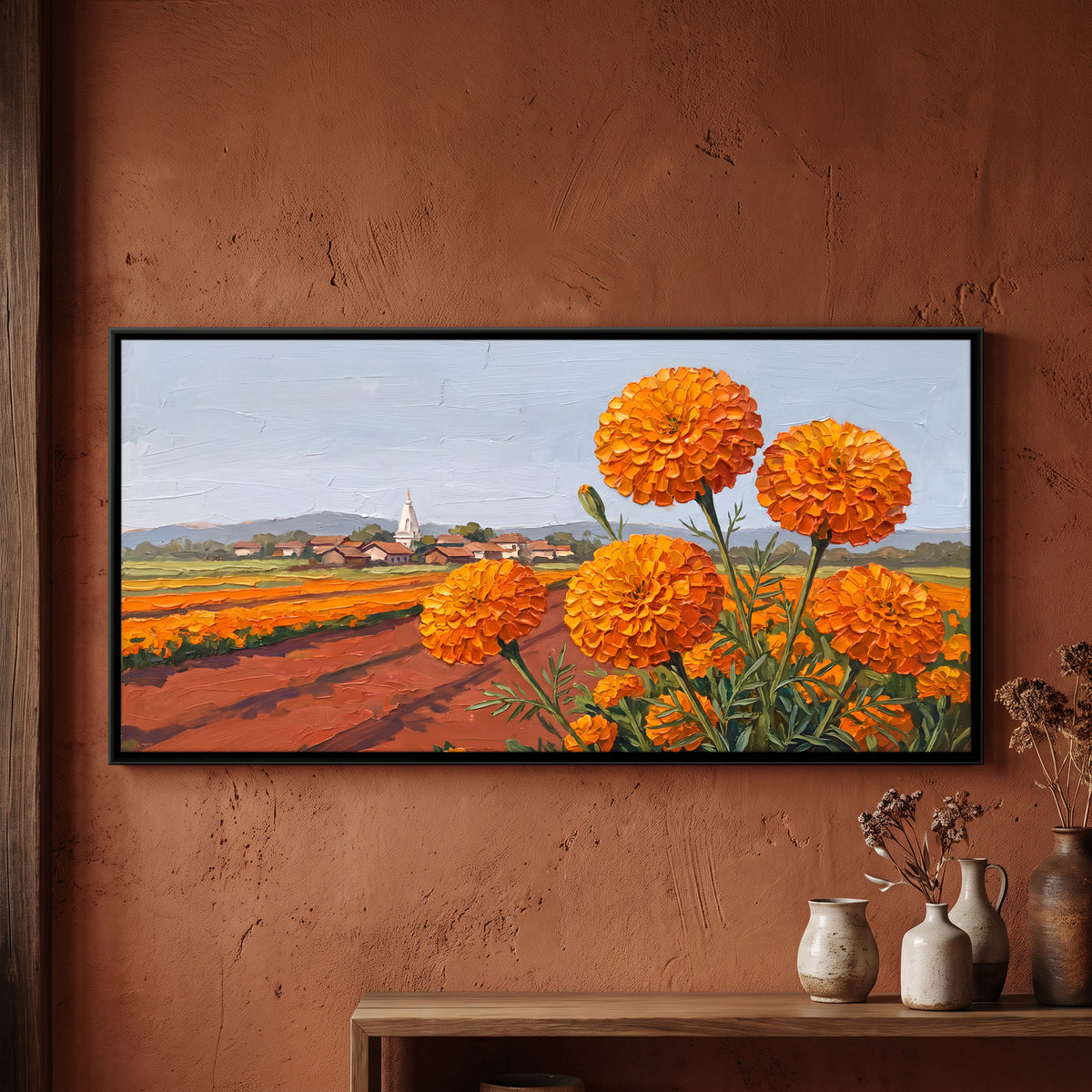 Marigold Fields by a Village - framed canvas art hung on a wall