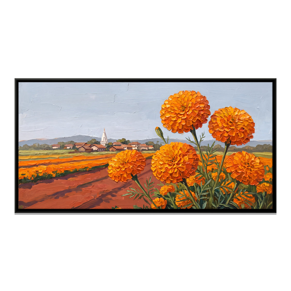 Marigold Fields by a Village - framed canvas print, front view