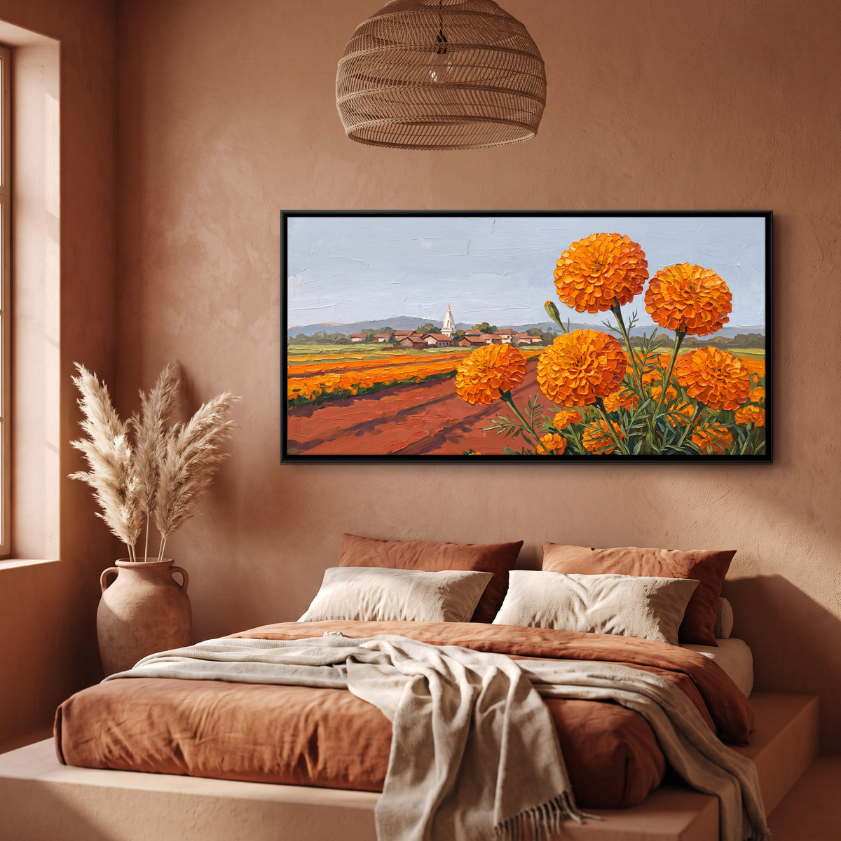 Marigold Fields by a Village - canvas art shown in a styled room