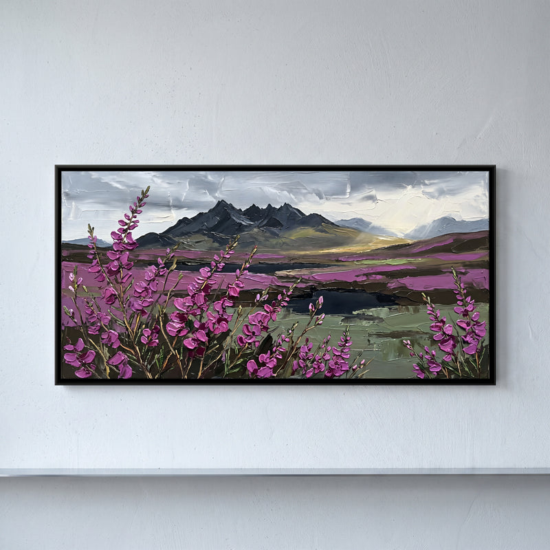 Heather Moorland Below Dark Peaks - framed canvas art hung on a wall