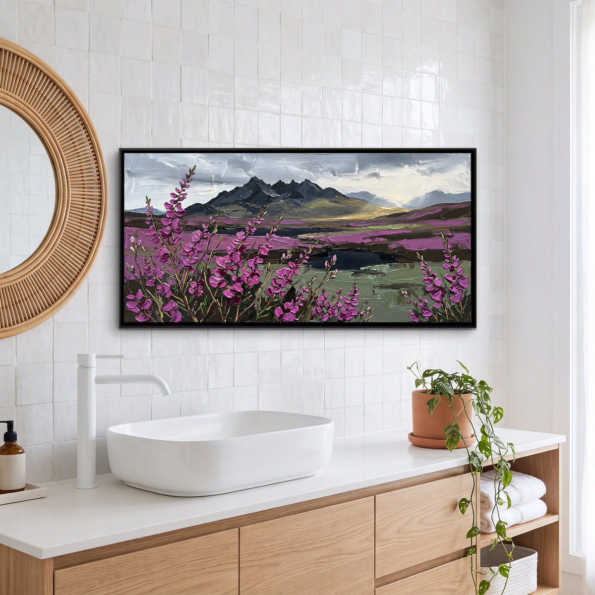 Heather Moorland Below Dark Peaks - canvas art shown in a styled room